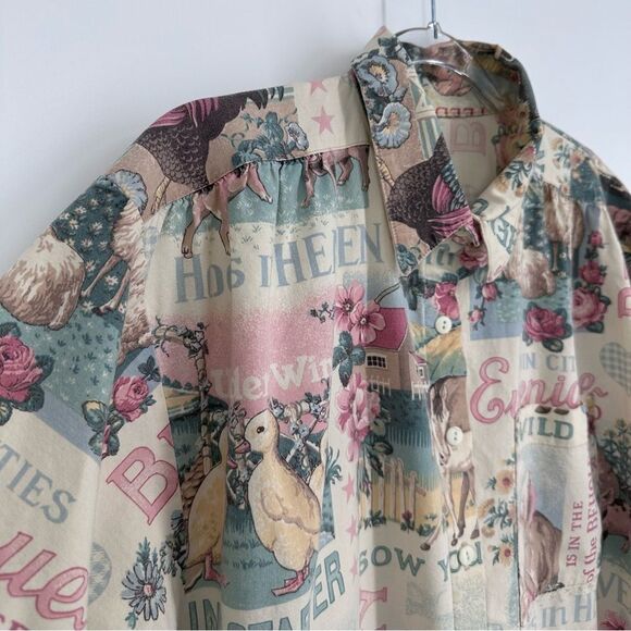 Vintage Farm Print Button Up Shirt Tan Pink Cottagecore Women’s Size Large - Picture 3 of 8